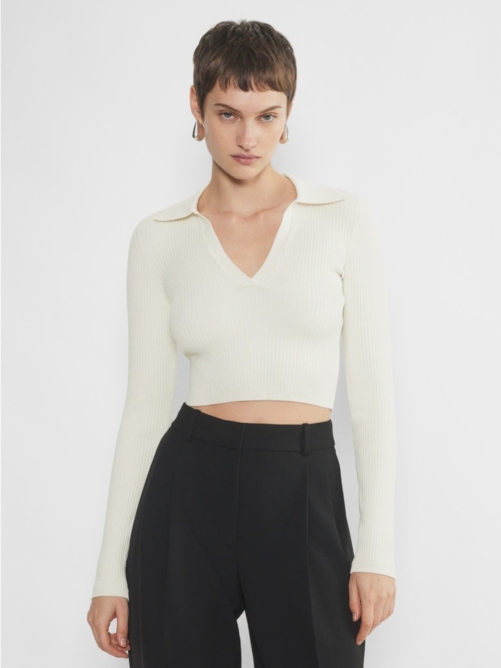 Divided Cropped Ribbed Polo Sweater in Cream
